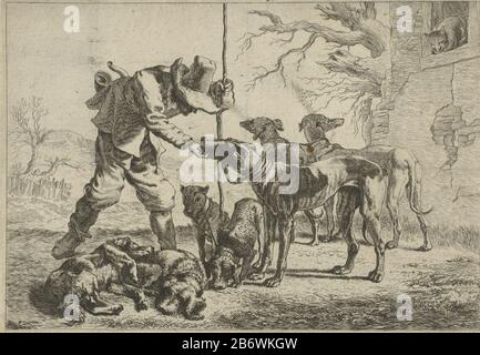 Jager incontrò zeven honden Verschillende dieren (serietitel) un cacciatore che strava uno dei suoi sette cani da caccia sotto il mento, la destra è un gatto nel raamkozijn. Produttore : da stampare da Pieter Bodding of Laer print autore: Anonymous date: 1636 - 1692 Caratteristiche Fisiche: Acquaforte materiale: Carta Tecnica: Acquaforte dimensioni: Bordo della lastra: H 122 mm × W 174 mmToelichtingKopie alla stessa immagine di una serie di otto parti di rappresentazioni di vari animali da parte di Pieter Bodding di Laer. Oggetto: Cacciatore caccia cani amicizia tra uomo e animale; carezzare, pettingcat Foto Stock