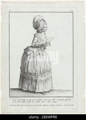 Jeune Demoiselle en Carracot de Taffetas des Indes () Collezione d'Habillements moderne et galants, (seriettel) giovane donna non sposata a Caraco di 'taffetas des Indes ', con il taglio à l'Anglaise, guarnire della stessa sostanza. Il cofano rotondo (cappuccio) ha due strati ripiegati. Intorno al collo un fichu. Scarpe con tacco e archi (?). La foto B 10 nella serie Collection d'Habillements modernes et Galants, avec les habillements des princies et seigneurs, 1780-1785 Produttore : printmaker: Martial Deny (proprietà elencata) a disegnare: Claude Louis Desrais (edificio elencato) editore: Basset (pr elencato Foto Stock