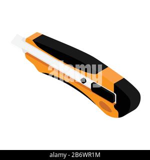 Coltello da ufficio arancione isolato su sfondo bianco vista isometrica Illustrazione Vettoriale
