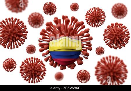 Colombia bandiera maschera protettiva su un virus batteri. Rappresentazione 3D Foto Stock