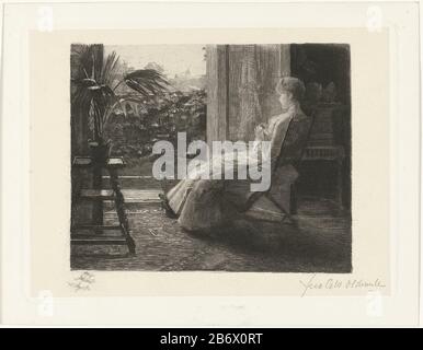 Jonge vrouw, bordurend, bij het open raam Aan het open venster una giovane donna siede con ricamo per le porte aperte del balcone. Oltre che il suo stare su uno sgabello del gradino una pianta di kamerplant. Produttore : tipografia: Ferdinand Oldewelt (Personal Handy Signed) Luogo di produzione: The Netherlands Data: 1887 caratteristiche Fisiche: Punto di attacco e punto di asciugatura su chine collé Materiale: Carta chine collé Tecnica: Incisione / punto di asciugatura misure: Bordo della piastra: H 175 mm × b 230 mmToelichtingGebruikt per: C. Vosmaer (ed.), thistle, incisione di pittori Nederlandsche, 3 parti, Amsterdam 1888, Vol II Subjec Foto Stock