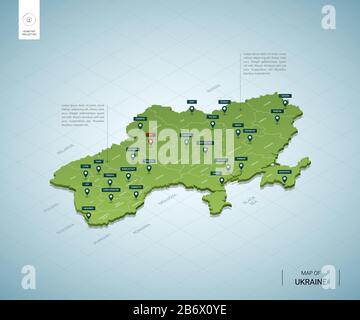 Mappa stilizzata dell'Ucraina. Mappa verde isometrica 3D con città, confini, capitale Kiev, regioni. Illustrazione del vettore. Livelli modificabili chiaramente etichettati. Inglese Illustrazione Vettoriale