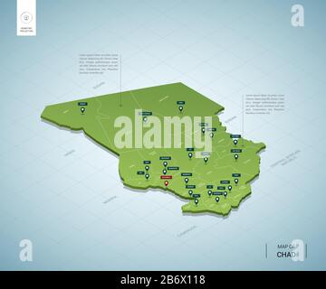 Mappa stilizzata del Ciad. Mappa verde isometrica 3D con città, confini, capitale Ndjamena, regioni. Illustrazione del vettore. Livelli modificabili chiaramente etichettati. It Illustrazione Vettoriale