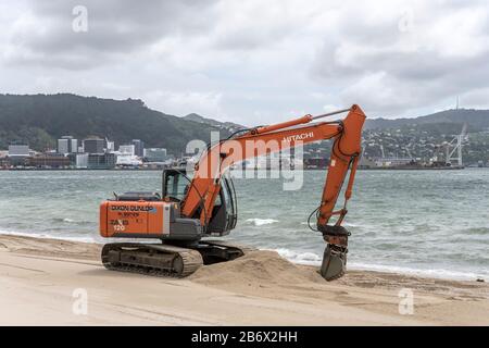Wellington, NUOVA ZELANDA - Novembre 13 2019: Paesaggio urbano con digger scavando sabbia di spiaggia di baia a Oriental Parade quartiere, girato in luminoso clou Foto Stock