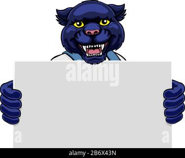 Cartello Panther Cartoon Mascot Handyman Holding Illustrazione Vettoriale