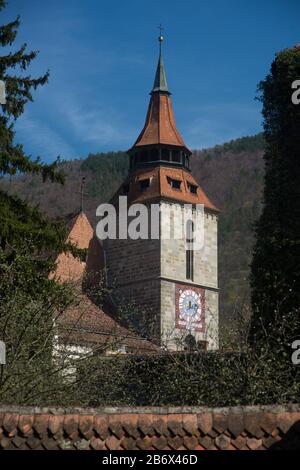 Scena a Brasov (Romania, Transilvania). Vecchia torre con orologio (parte della Chiesa Nera) su sfondo blu cielo. Gli alberi verdi incorniciano la composizione. Foto Stock