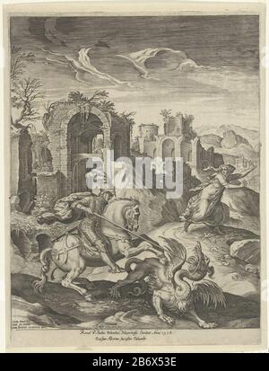 Joris doodt de draak Holy George uccide il drago. Una donna che fugge nel panico per il drago. Sullo sfondo, un paesaggio con rovine di geboouwen romana. Produttore : stampatore Cornelis Cort (Proprietà elencata) a disegno: Giulio Clovio (edificio elencato) editore: Gaspar Albertus (edificio elencato) Editore: Pietro Paolo Palombo (oggetto elencato) Luogo di fabbricazione: Roma Data: Dopo 1578 caratteristiche Fisiche: Materiale vettura: Carta Tecnica: Engra (processo di stampa) dimensioni: Bordo lastra: H 316 mm × W 224 mm Oggetto: Il martire guerriero George (Georgius); possibili attributi: Banner (croce rossa su fiele bianco Foto Stock