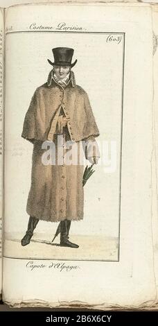 Journal des Dames et des Modes, Costume Parisien, 1805, An 13 (603) Capote d'Alpaga Man van voren gezien, gekleed in een lichtbruine bontmantel met pelerine (Carrick). Hoog gestrikte cravat. Op het hoofd een hoge hoed van alpaca ha incontrato oppaande rand. Paraplu als wandelstok in de linkerhand. Platte schoenen. De prent maakt deel uit van het modetijdschrift Journal des Dames et des Modes, portone d'ingresso Pierre de la Mésangère, Parijs, 1797-1839. Produttore : Pentmaker: Horace Vernetuitgever: Pierre de la Mésangère Dating: 1805 Physical kenmerken: Gravure, met de hand gekleurd Material: Papier T. Foto Stock