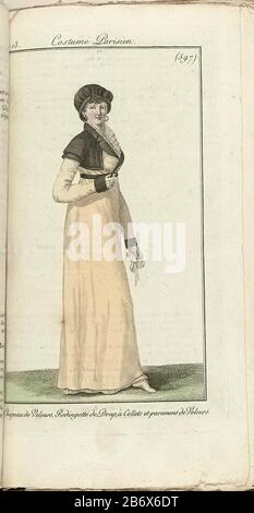 Journal des Dames et des Modes, Costume Parisien, 1805, An 13 (597) Chapeau de Velours Vrouw naar rechts, gekleed in een redingote van drap, met een kraag en parementen van fluweel. (Volgens de tekst in de rubriek 'Modes van dit nr. Is de fluwelen kraag zeer algemeen, maar komen parementen van fluweel niet veel voor). Op het hoofd een hoed van fluweel, in dezelfde kleur alls de fluwelen kraag. Onder de redingote is een randje van de japon te zien. Zakdoek in de linkerhand. De prent maakt deel uit van het modetijdschrift Journal des Dames et des Modes, portone d'ingresso Pierre de la Mésangère, Par Foto Stock