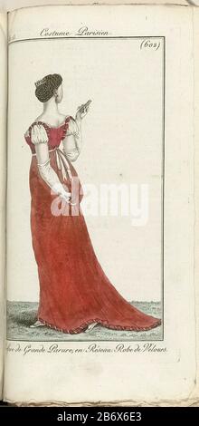 Journal des Dames et des Modes, Costume Parisien, 1805, An 13 (602) Coiffure de Grande Parure Vrouw op de rug gezien, in een japon van rood fluweel met laag decolleté, witte pofmouwtjes, een wit lint om de hoge taille gestrikt en kleine sleep. Coiffure en grande Parure, ha incontrato haarnet. Witte lange handschoenen; kleine vouwwaaier in de rechterhand. De prent maakt deel uit van het modetijdschrift Journal des Dames et des Modes, portone d'ingresso Pierre de la Mésangère, Parijs, 1797-1839. Produttore : produttore : anoniemuitgever: Pierre de la Mésangère dating: 1805 Physical kenmerken: Gravure, m Foto Stock