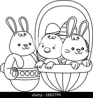 piccolo coniglio e pulcino con uova dipinte nel cesto Illustrazione Vettoriale