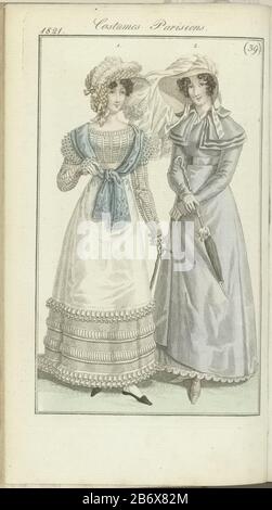 Journal des Dames et des Modes, editie Frankfurt 23 septembre 1821, Costumi Parisiens (39) il testo allegato nella rivista rivela (p 351.): Fig. 1: Capote in raso smerlato, decorato con una molla piatta. Giapponese di mussola, sormontato da striature e pieghe di mussola, e tra pezzi di tulle. Sciarpa scozzese. Guanti bianchi. Scarpe nere. Fig. 2: Cappello di paglia italiano e sguardo ricamato con velo. Redingote con capo. Guanti gialli. Battiti ecru. L'immagine fa parte della rivista di moda Journal des Dames et des Modes, pubblicata a Francoforte come copia dell'edizione francese di Pierre de la Mésang Foto Stock