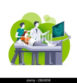 Felice donna incinta che ottiene la scansione a ultrasuoni. Illustrazione Vettoriale