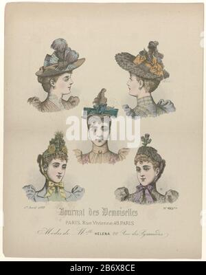 Journal des Demoiselles, 1 avril 1893, No 4931 bis Modes de Melle Helena Cinque teste femminili con cappelli diversi. Secondo la didascalia: 'MOdes' di Helena. Stampa la rivista di moda Journal des Demoiselles (1833-1922) . Produttore : stampatore: Anonimo Data: 1893 caratteristiche Fisiche: Engra, mano-colorato materiale: Carta Tecnica: Engra (processo di stampa) / mano colore dimensioni: Foglio: H 325 mm × W 254 mm Oggetto: Moda piatti testa ingranaggio: Cappello (+ abbigliamento donna) Quando: 1893 - 1893 Foto Stock