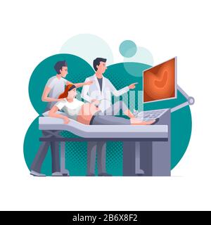 Felice donna incinta che ottiene la scansione a ultrasuoni. Illustrazione Vettoriale