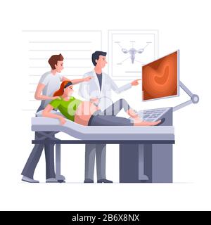 Felice donna incinta che ottiene la scansione a ultrasuoni. Illustrazione Vettoriale