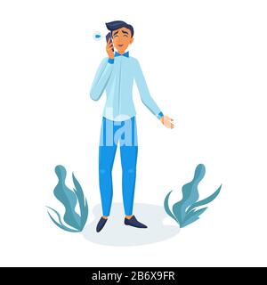 Felice giovane uomo che usa lo smartphone. Illustrazione Vettoriale