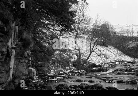 River Twiss sopra Thornton Force, Yorkshire Dales, Inghilterra, Regno Unito, in un giorno invernale gelido. Fotografia in bianco e nero Foto Stock