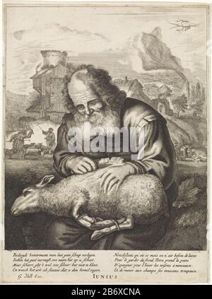 Juni Een herder schiert een schaap Junius (titel op object) De twaalf maanden (serietitel) un vecchio pastore cesoia una pecora legata insieme alle gambe che si trovano sul suo giro. Sullo sfondo, un paesaggio con edifici e pastori con le loro pecore. Nel cielo la costellazione cancro. Tra le prestazioni un poema di Joost van den Vondel, olandese e fresco in Frans. Produttore : printmaker: Anonymous to print by Jonas Suyderhoefnaar painting of Joachim von Sandrartschrijver: Joost van den Vondel Editore: Gerard Valck (proprietà in elenco) Luogo fabbricazione: Amsterdam Data: 1670 - 1726 Physical cha Foto Stock