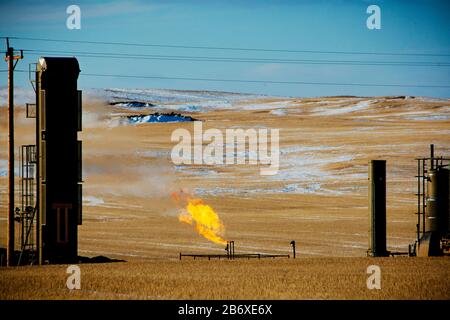 Flaring di gas da un pozzo di petrolio fuori Williston in Dakota del Nord. L'area fa parte del settore petrolifero di Bakken, dove la tecnologia del fracking lo ha reso redditizio finché il prezzo del petrolio rimane al di sopra dei 46 dollari al barile. Foto Stock