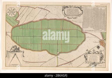 Il polder Card Wormer, o Wijdewormer, con distribuzione del territorio. In alto a sinistra una bussola. In basso a sinistra un angelo che mostra un panno con una bussola aperta su una scala bar: 300 Rynlantse verghe. A destra una tabella completa di informazioni sui 119 sulla mappa numerati lotti. A sinistra di un cartouche con testo tienregelige in olandese. Proprio Sotto il titolo cartouche. Inoltre, l'arma di Purmerend, oltre a una mappa di quella stad. Produttore : stampatore: Laurens van Teylingen (edificio elencato) stampatore Abraham Jansz. Sportello (edificio elencato) topografo: Reijer Cornelisz. Sondaggio Schout (edificio elencato) Foto Stock