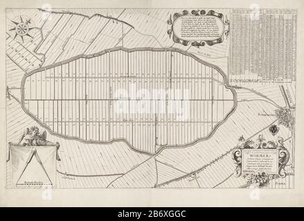 Il polder Card Wormer, o Wijdewormer, con distribuzione del territorio. In alto a sinistra una bussola. In basso a sinistra un angelo che mostra un panno con una bussola aperta su una scala bar: 300 Rynlantse verghe. A destra una tabella completa di informazioni sui 119 sulla mappa numerati lotti. A sinistra di un cartouche con testo tienregelige in olandese. Proprio Sotto il titolo cartouche. Inoltre, l'arma di Purmerend, oltre a una mappa di quella stad. Produttore : stampatore: Laurens van Teylingen (edificio elencato) stampatore Abraham Jansz. Sportello (edificio elencato) topografo: Reijer Cornelisz. Sondaggio Schout (edificio elencato) Foto Stock