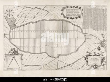 Il polder Card Wormer, o Wijdewormer, con distribuzione del territorio. In alto a sinistra una bussola. In basso a sinistra un angelo che mostra un panno con una bussola aperta su una scala bar: 300 Rynlantse verghe. A destra una tabella completa di informazioni sui 119 sulla mappa numerati lotti. A sinistra di un cartouche con testo tienregelige in olandese. Proprio Sotto il titolo cartouche. Inoltre, l'arma di Purmerend, oltre a una mappa di quella stad. Produttore : stampatore: Laurens van Teylingen (edificio elencato) topografo: Reijer Cornelisz. Schout (edificio elencato) Surv Foto Stock