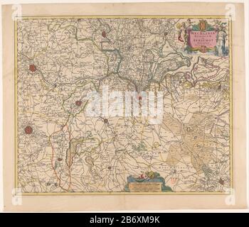 Kaart van een deel van Vlaanderen Mechlinia dominium et Aerschot ducatus (titel op Object) Mappa di parte delle Fiandre, la regione intorno ad Anversa e Mechelen. A destra il titolo cartouche con il braccio superiore di Mechelen. A sinistra del cartouche di un'allegoria Dove: Di destra Justitia. Sotto la destra del centro, una cartuccia con due poli scala: 1 1/2 brutto Duytsche Myle di 15 in un graffot / 2 brutto Francia Mylen o troppo Gaens ore. La carta ha una distribuzione di grado lungo il randen. Produttore : printmaker: Anonymous publisher: Nicolaes Visscher (i) (listed building) publisher: Nicolaes Vis Foto Stock