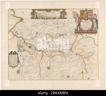 Kaart van een deel van Vlaanderen Mechlinia dominium et Aerschot ducatus (titel op Object) Mappa di parte delle Fiandre, la zona intorno a Mechelen e Aarschot. A destra il titolo cartouche sormontato con braccio sinistro e a destra di Mechelen una variante dell'arma di Leuven. A sinistra del titolo cartouche un'allegoria Dove: Di destra Justitia. In cima alla carta a cartouche a tre poli in scala: 2 Milli aria Germanica / 2 Milli aria Brabantica / 4 Milli aria Italica. In basso a sinistra un cartouche con testo. Sul verso olandese tekst. Produttore : tipografo: Cartografo anonimo: Michael di Langren (ind Foto Stock