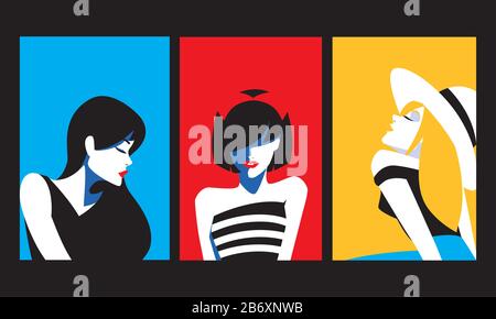 set di carte con ritratti di moda donna disegno vettoriale illustrazione Illustrazione Vettoriale