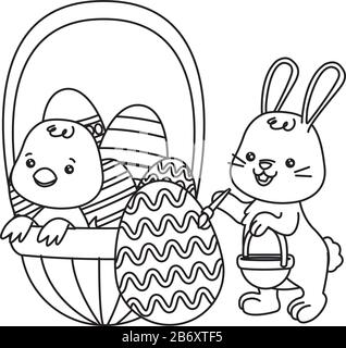 piccolo coniglio e pulcino con uova dipinte nel cesto Illustrazione Vettoriale