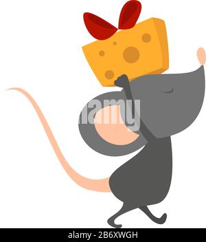 Mouse con formaggio, illustrazione, vettore su sfondo bianco. Illustrazione Vettoriale