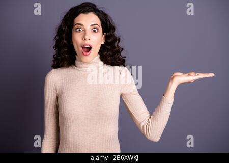 Ritratto di lei bella attraente grazioso grazioso allegro allegro cheery positivo wavy-haired signora che tiene l'annuncio dell'oggetto invisibile buon freddo Foto Stock