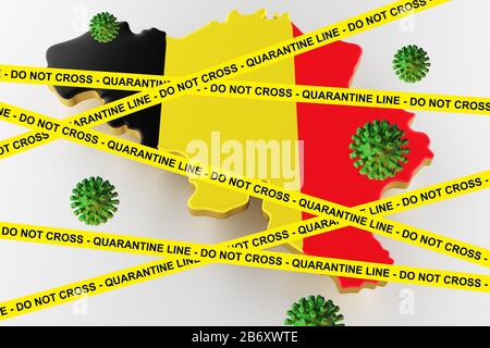 Bandiera del Belgio Firma attenzione coronavirus. 2019-nCoV. Pericolo di coronavirus e rischio per la salute pubblica malattie e focolai di influenza. Concetto medico pandemico con cellule pericolose. rendering 3d Foto Stock