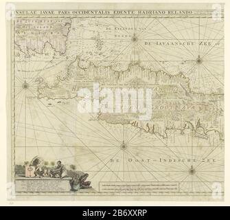Kaart van het westelijk deel van Java Insulae Iavae Pars Occidentalis Edente Hadriano Relando (titel op Object) Mappa di Giava Occidentale e una punta di Sumatra (inksboven). Ci sono cinque rose del vento. Ci sono dettagli topografici sulla mappa allegata: Campi di riso, montagne, fari, elefanti, ecc. lasciato un pedone ai Paesi Bassi come nazione colonizzante con una rappresentazione allegorica del Leone Olandese, a cui un uomo Giavanese che offre un dono, prima di due appassionati giavanesi. Tra le medie in tedesco, francese e inglese miglia (1: 1.1 mulino). A sinistra metà di una mappa di tutta l'isola Java. N. Foto Stock