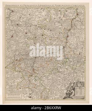 Kaart van het prinsbisdom Luik en het graafschap Namen Episcopatus et principatus Leodiensis et Namurcensis comitatus (titel op object) Mappa del principato di Liegi e della contea di Namur. In una barra sopra il titolo della mappa. A destra un cartouche con simboli sormontati dalle braccia di Liegi e Namur. La parte inferiore sinistra di un telaio con due bastoni: 3 Milli aria Germania Communia 15 in uno Graduation / 4 Milli aria Gallica Magna Sive Horae Itineris 20 in uno Graduation. La carta ha una distribuzione di grado lungo il randen. Produttore : printmaker: Editore anonimo: Frederik de Wit (rifiutato un Foto Stock