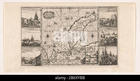 Kaartje van Nova Zembla met aan de linker en rechter kant elk drie scènes uit de tocht, 1596-1597. Produttore : produttore : AnoniemPlats fabbricante : Noordelijke Nederlanden datazione : 1740 - 1760 Kenmerken Fisico : ETS en gravure Materiale: Papier Techniek: Etsen / graveren (drukprocedé) dimensioni: Plaatrand: H 175 mm × b 283 mm Oggetto: Esplorazione, spedizione, viaggio di scoperte in regioni polari di paesi separati o regioniReis van Barendsz en Van Heemskerck in 1596Wanneer: 1596 - 1597 Foto Stock