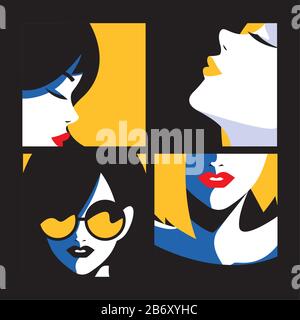 set di carte con ritratti di moda donna disegno vettoriale illustrazione Illustrazione Vettoriale