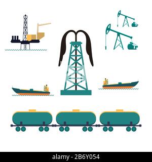 Diversi trasporti costruzioni e fabbriche di petrolio industria benzina icone piatte set isolato vettore illustrazioni Illustrazione Vettoriale