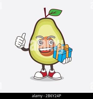 Un'illustrazione del personaggio della mascotte di frutta Avocado con regalo Foto Stock