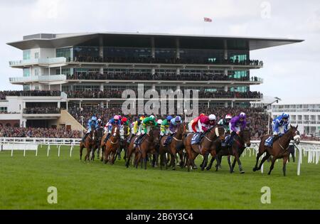 Corridori e piloti competono nel Pertemps Network Final handicap Hurdle durante il terzo giorno del Cheltenham Festival al Cheltenham Racecourse. Foto Stock