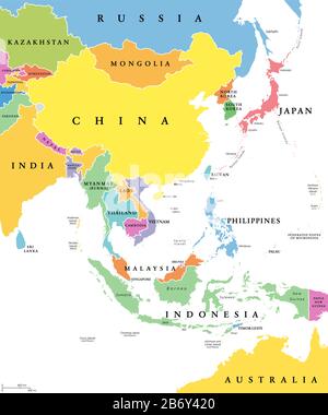 Asia orientale, Stati singoli, mappa politica. Tutti i paesi in colori diversi, con confini nazionali, etichettati con nomi di paesi inglesi. Foto Stock