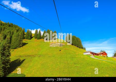 Grindelwald, Svizzera cabinovia cabine Jungfrau Top of Europe e verde Alpi svizzere panorama montagne paesaggio Foto Stock