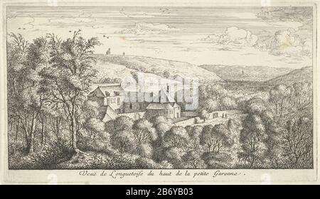 Vista sul castello Longuetoise una collina con alberi. In background bergen. Produttore : stampatore Albert Flame alla progettazione: Albert Flame Concedente di privilegio: Luigi XIV (Re di Francia) Luogo di produzione: Stampatore Parigi per progettare il Concedente di privilegio di Parigi: Francia Data: 1648 - 1672 caratteristiche Fisiche: Materiale di incisione: Tecnica della carta : dimensioni di incisione: Bordo della lastra: H 120 mm × L 210 mm Soggetto: Paesaggio con torre o castello Foto Stock