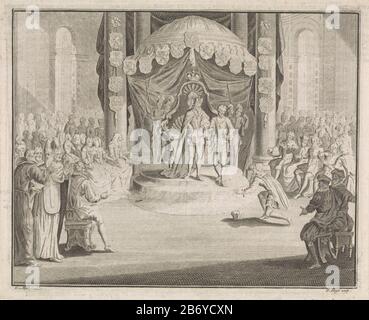 Keizer Karel V draagt het bestuur van Nederland su aan Filips II Imperial Charles V, stando sotto una tettoia con stemmi del Consiglio di Amministrazione dei Paesi Bassi, il 25 ottobre 1555 a suo figlio Filippo II Produttore : stampatore Pieter Tanjé (proprietà in elenco) da disegnare: Gerard Detector (proprietà in elenco) Fabbricazione Del Luogo Amsterdam Data: 1716 - 1761 caratteristiche Fisiche: Acquaforte e engra materiale: Carta Tecnica: Acquaforte / engra (processo di stampa) dimensioni: Bordo della lastra: H 154 mm × W 188 mm Oggetto: Righello, statuetta sovranazionaleWie: Carlo V d'Asburgo (imperatore tedesco e re di Spagna) Phil Foto Stock