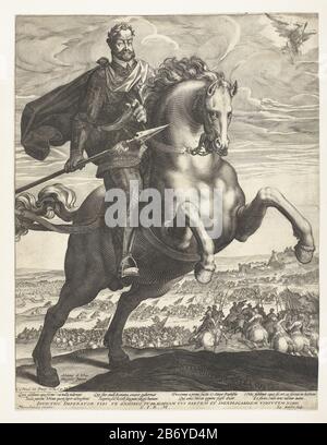 Il Keizer Rudolf II te paard Emperor Rudolf II è in armatura su un cavallo da allevamento. Indossa un giuramento di alloro e tiene una lancia. Sopra a destra vola un'aquila con una freccia e un rotolo nei suoi artigli. Sullo sfondo cavalleria che storming un castello. Legge Sotto un motto in latino sul fatto che la virtù non esistono strade impraticabili. Tra gli spettacoli un achtregelige, testo latino sull'imperatore e l'opdracht. Produttore : stampatore: Aegidius Sadeler (proprietà elencata) per progettare: Adriaen de Vries (edificio elencato) Editore: Marcus Sadeler (proprietà elencata) fornitore di privilegio Rudolf II di Habsburg (imperatore tedesco) (l Foto Stock