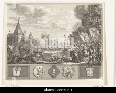 Kenau en het beleg van Haarlem, 1573 kenau simondochter hasselaer esegue vendel donne, sullo sfondo dell'assedio di Haarlem, 1573. Di seguito è riportata una striscia con armi Hasselaer e Haarlem, valuta di emergenza e vroedschapspenning. Produttore : stampatore Simon Fokke (edificio elencato) nel suo disegno: Simon Fokke (proprietà elencata) Luogo di produzione: Northern Netherlands Data: 1776 caratteristiche Fisiche: Materiale di incisione: Tecnica della carta: Dimensioni di incisione: Foglio: H 167 mm × W 199 mmToelichtingIllustratie un'opera sconosciuta. Indicare prima della lettera. Oggetto: Assedio, guerra d'assedio di Haarlem Quando: Foto Stock