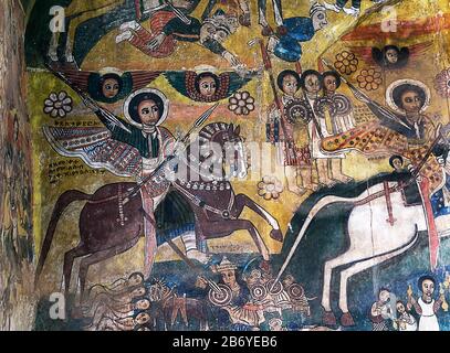 Affresco nella chiesa Abreha wa Atsbaha, regione di Gheralta, Tigray, Etiopia Foto Stock