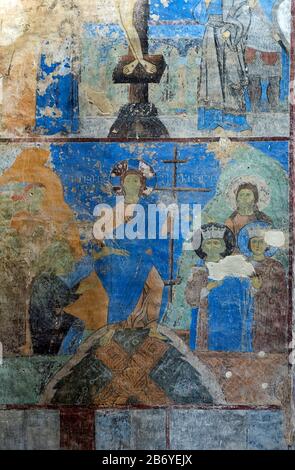 Affresco raffigurante la Canottaggio dell'Inferno, la chiesa di San Nicola nel monastero ortodosso georgiano Kintsvisi, la regione di Shida Kartli, Georgia Foto Stock