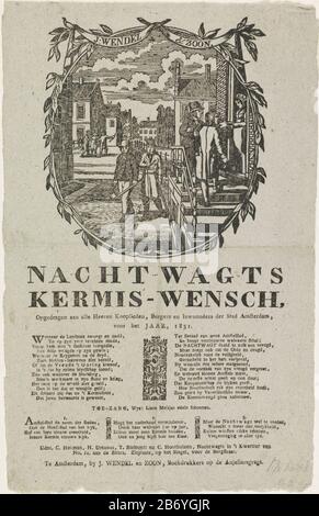 Kermisprent van de Amsterdam nachtwacht voor het jaar 1831 Nachtwagts Kermis-Wensch (titel op Object) Fiera Stampa di Amsterdam Nightwatchman (guardia del picchiettio) per l'anno 1831. Rappresentazione ovale decorata con lauwerbladen. Alcuni uomini camminano per le strade con sonagli, due uomini alzano denaro per una casa. Un versetto in due colonne e una canzone in tre versi. A nome della guardia notturna nel quarto n° 11 alla Fiera: C. Hekman, H. Urban, T. e C. Smit Biel Houthuizen. Produttore : printmaker: Anonymous busier J. Wendel and Son (proprietà in elenco) Produzione Di Posti: Printmaker: Netherlands Editore: AMST Foto Stock